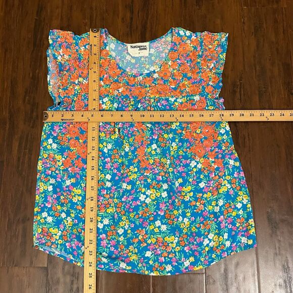 SAVANNA JANE Embroidered Babydoll Top Blue Floral Flutter Sleeve Boho - Picture 7 of 7